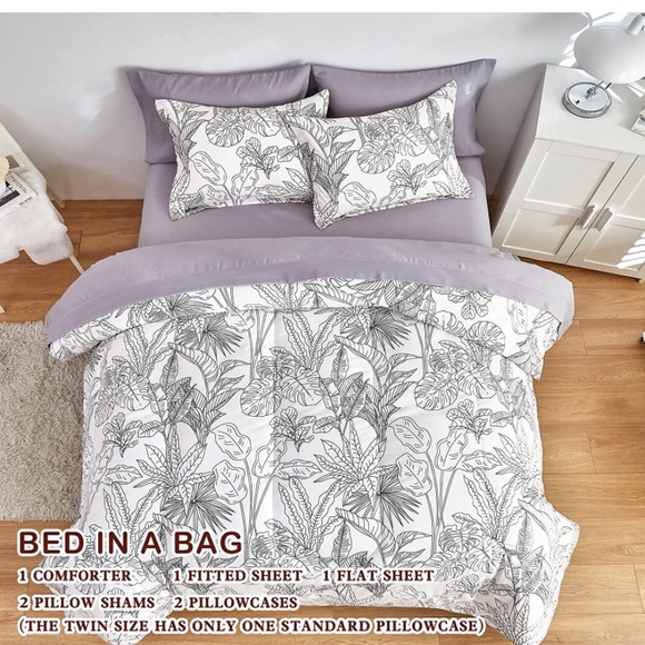 7 Pieces Botanical Bed in a Bag Queen, Sketch Flower on White - Picture 6 of 7